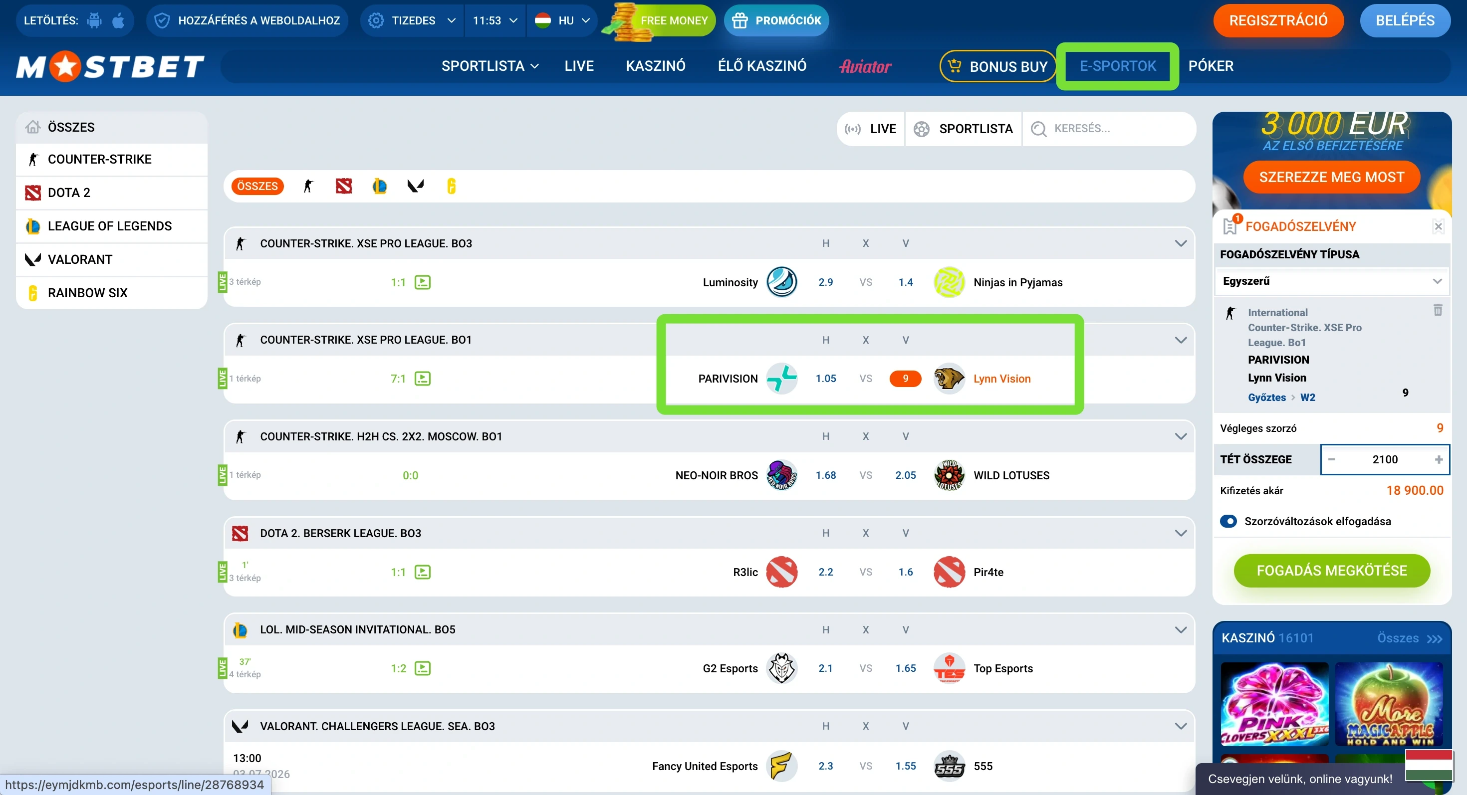 Mostbet élő meccs fogadási képernyő
