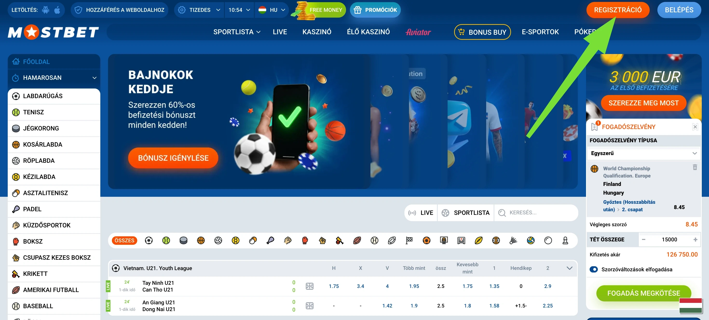 Mostbet regisztráció gomb a főoldal fejlécében