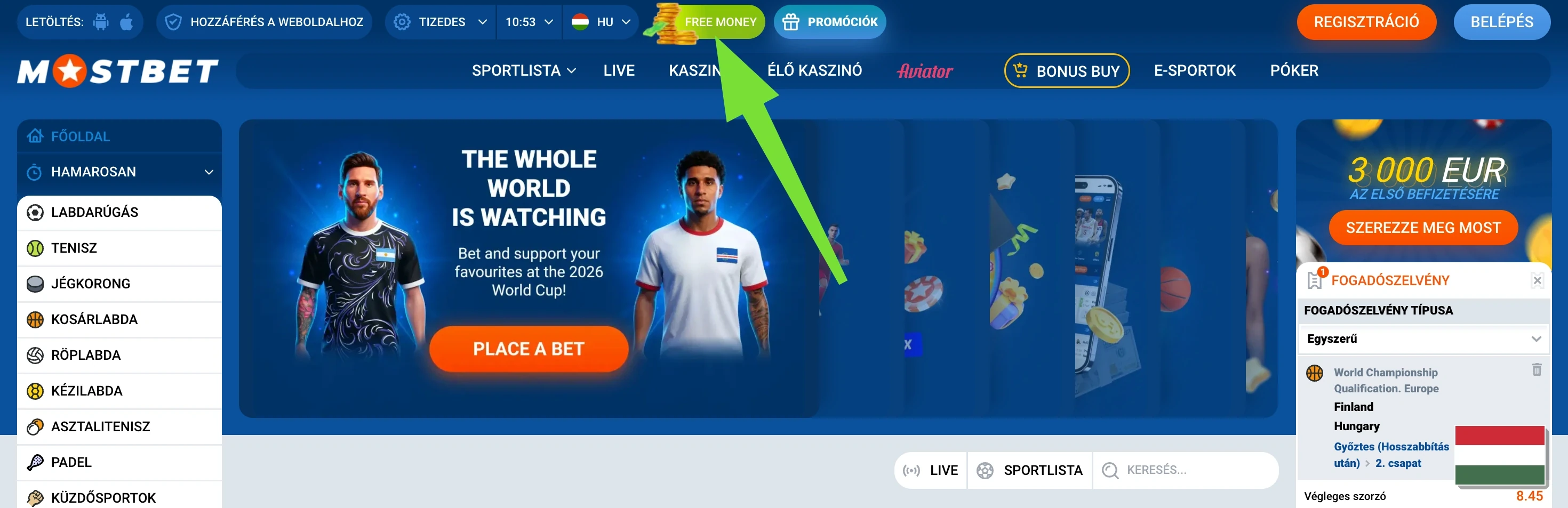Mostbet Free Money gomb a fejlécben Mostbet Free Money gomb a fejlécben